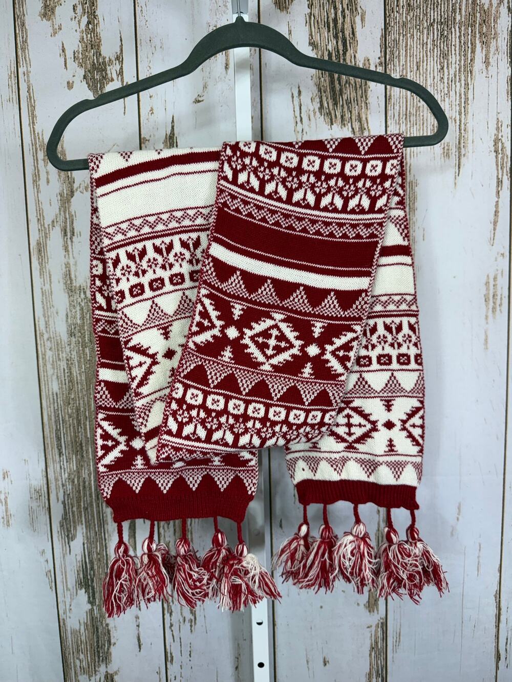 Red and White Acrylic Double Sided Scarf with Fringe. 7.5" Wide 69" Length